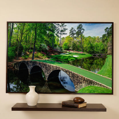 Golf Course Stone Bridge Canvas Art, Augusta-Style Green Fairway in dark walnut floating frame