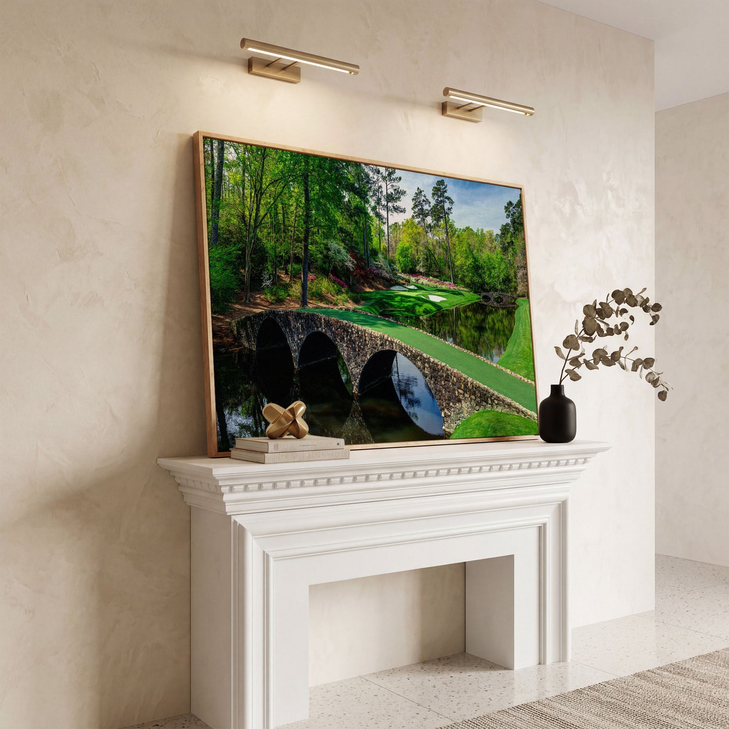 Golf Course Stone Bridge Canvas Art, Augusta-Style Green Fairway in white oak floating frame