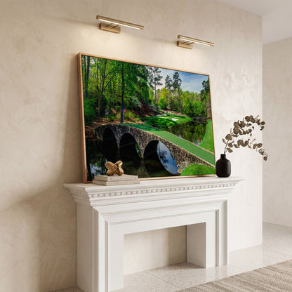 Golf Course Stone Bridge Canvas Art, Augusta-Style Green Fairway in white oak floating frame