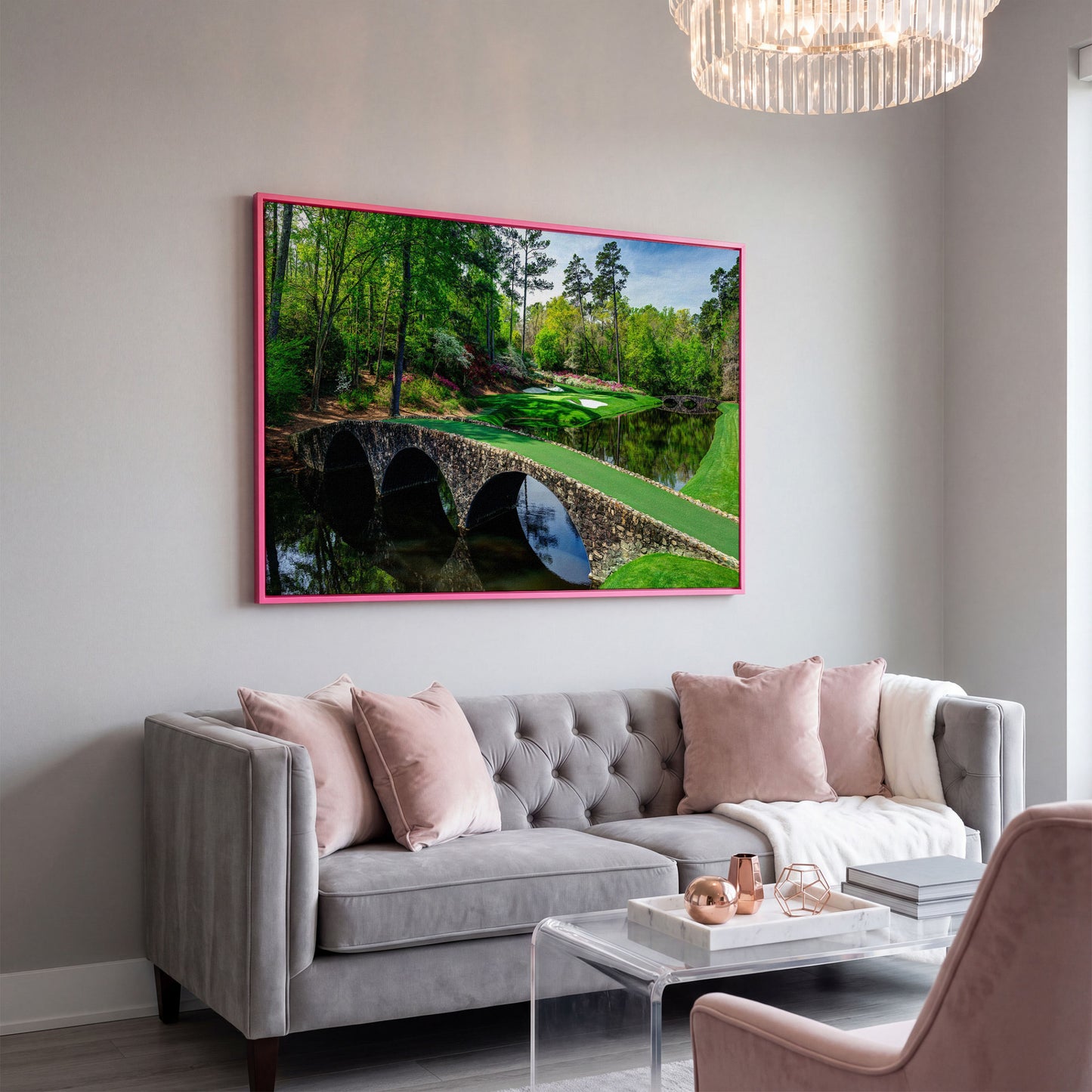 Golf Course Stone Bridge Canvas Art, Augusta-Style Green Fairway in pink floating frame