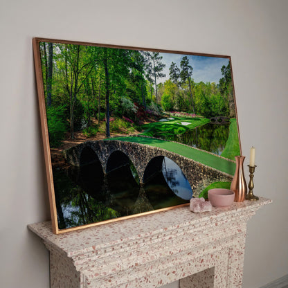 Golf Course Stone Bridge Canvas Art, Augusta-Style Green Fairway in rose gold floating frame