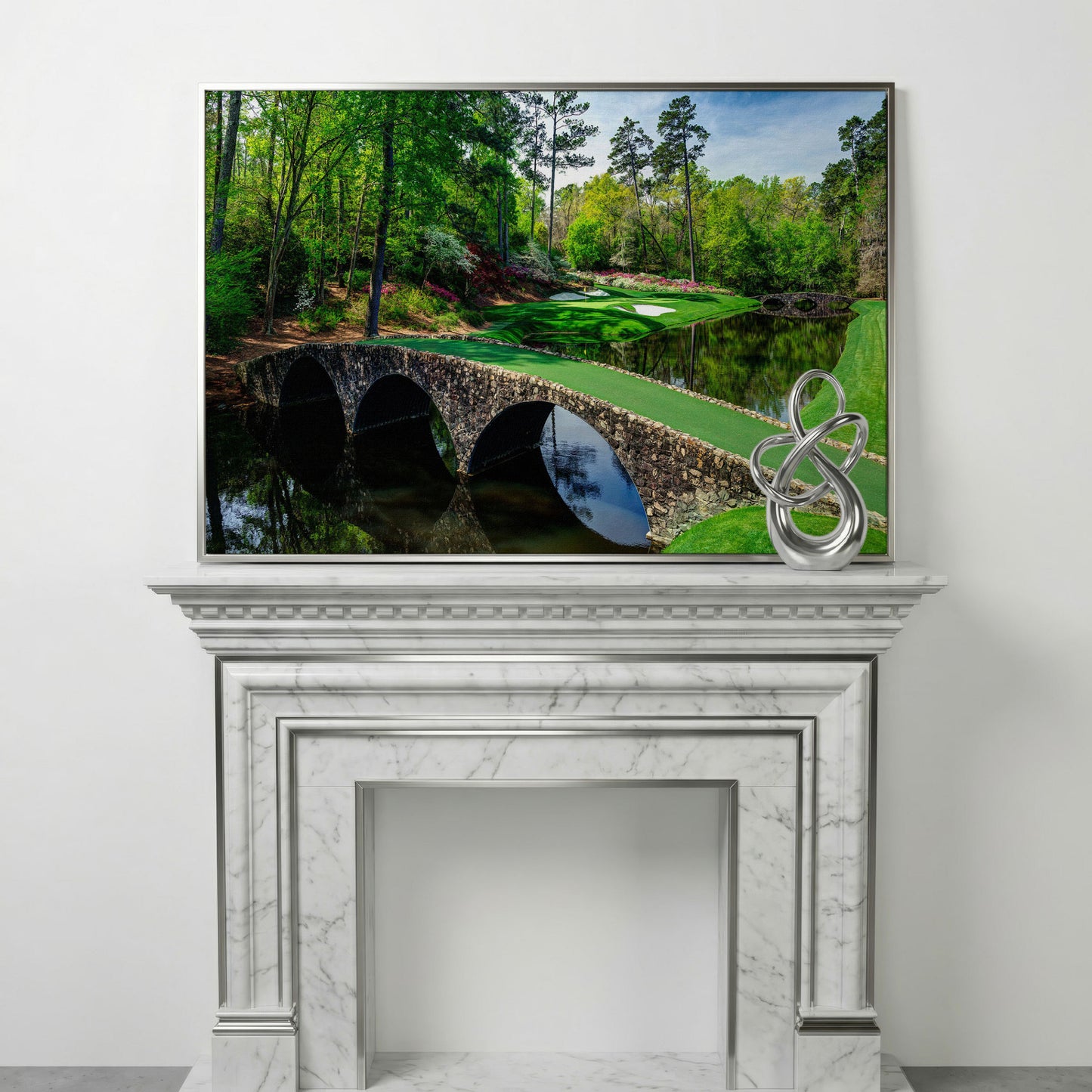 Golf Course Stone Bridge Canvas Art, Augusta-Style Green Fairway in silver floating frame