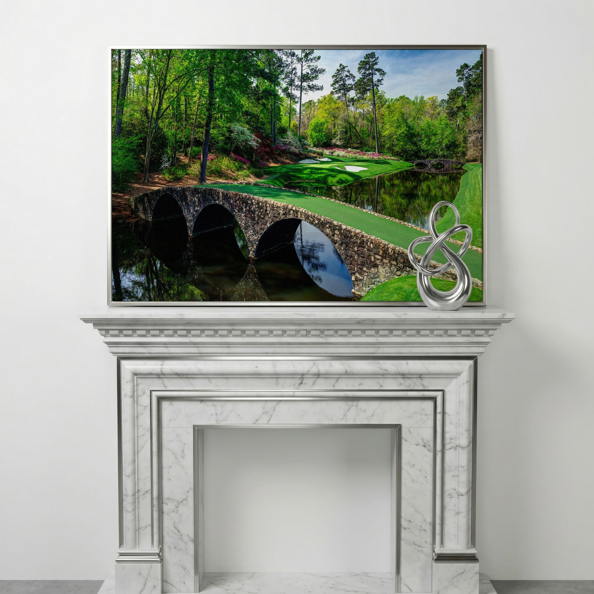 Golf Course Stone Bridge Canvas Art, Augusta-Style Green Fairway in silver floating frame