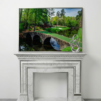 Golf Course Stone Bridge Canvas Art, Augusta-Style Green Fairway in silver floating frame