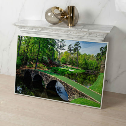 Golf Course Stone Bridge Canvas Art, Augusta-Style Green Fairway in white floating frame