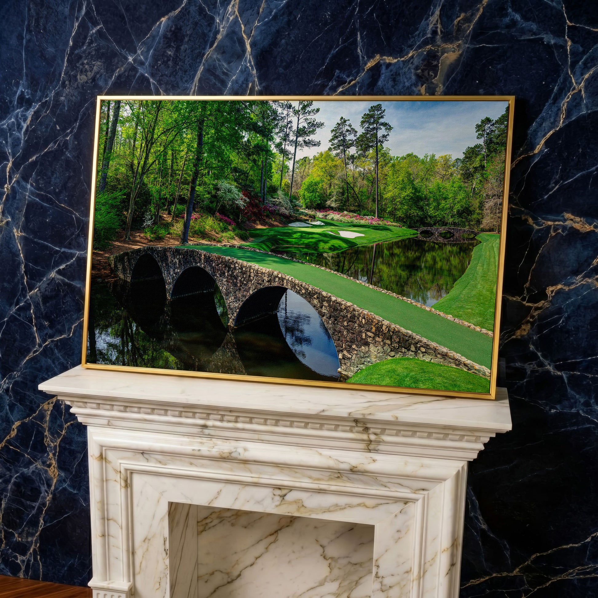 Golf Course Stone Bridge Canvas Art, Augusta-Style Green Fairway in yellow gold floating frame