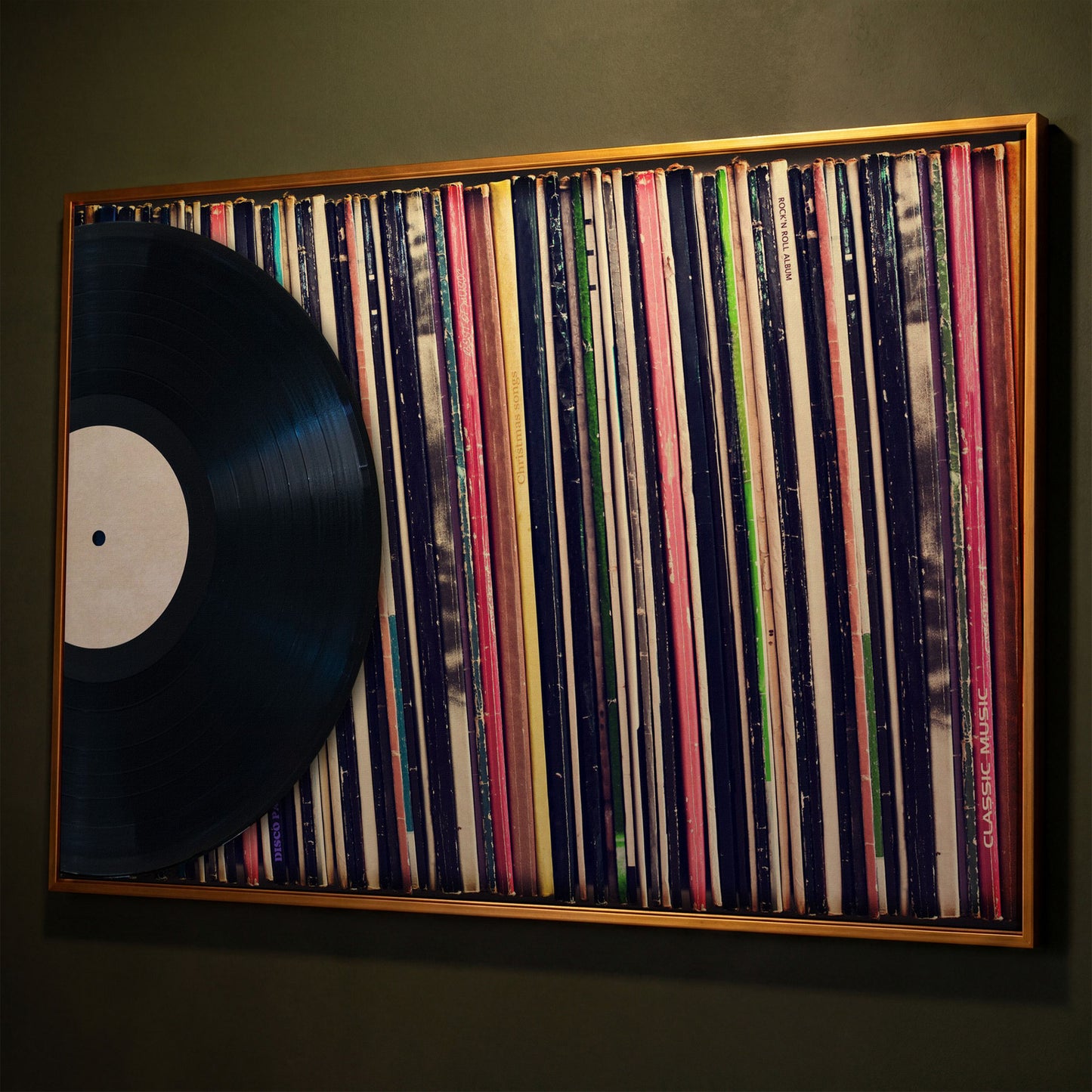 Vinyl Records Wall Art Canvas, Music Studio Decor shown in antique gold floating frame