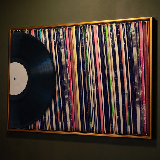 Vinyl Records Wall Art Canvas, Music Studio Decor shown in antique gold floating frame