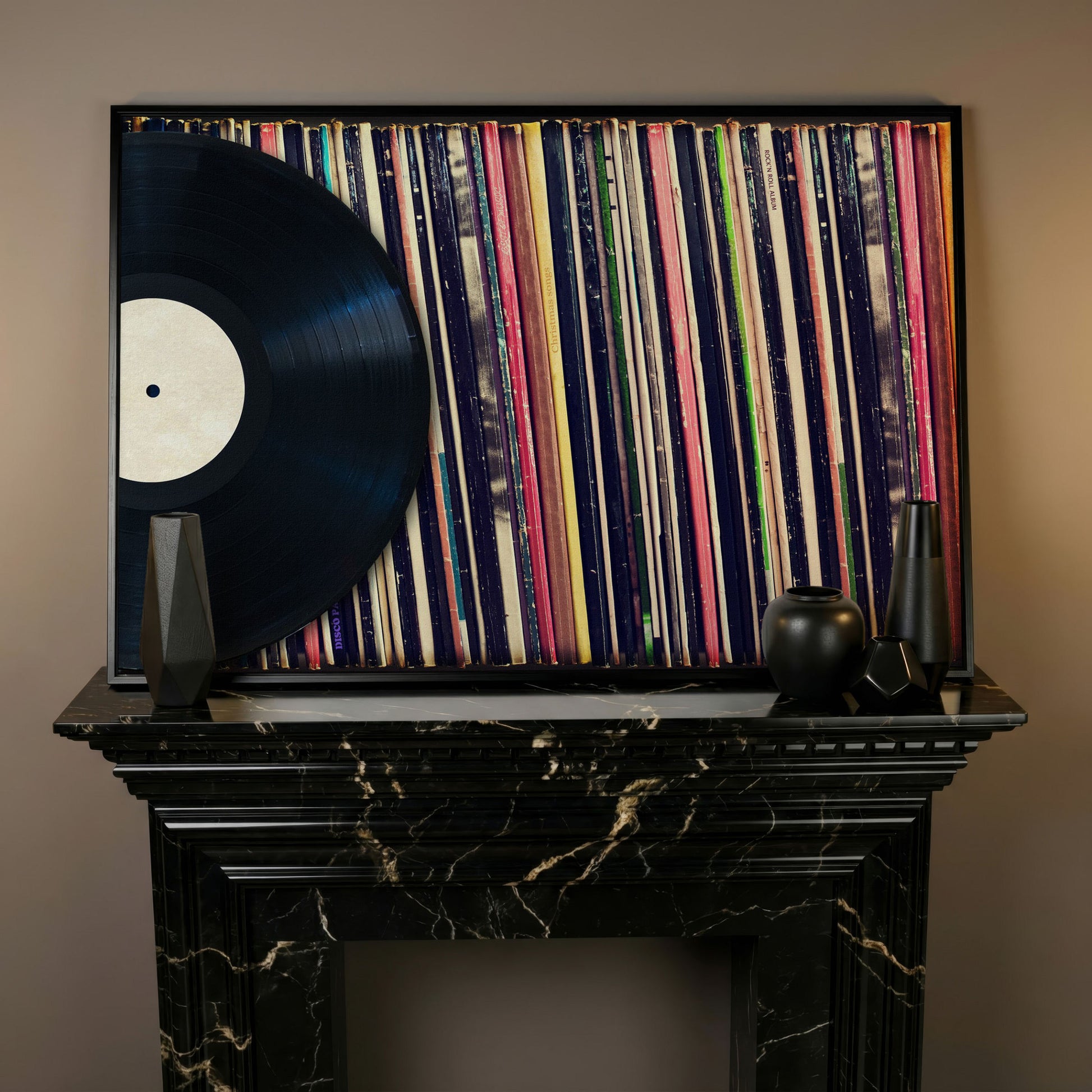 Vinyl Records Wall Art Canvas, Music Studio Decor in black floating frame