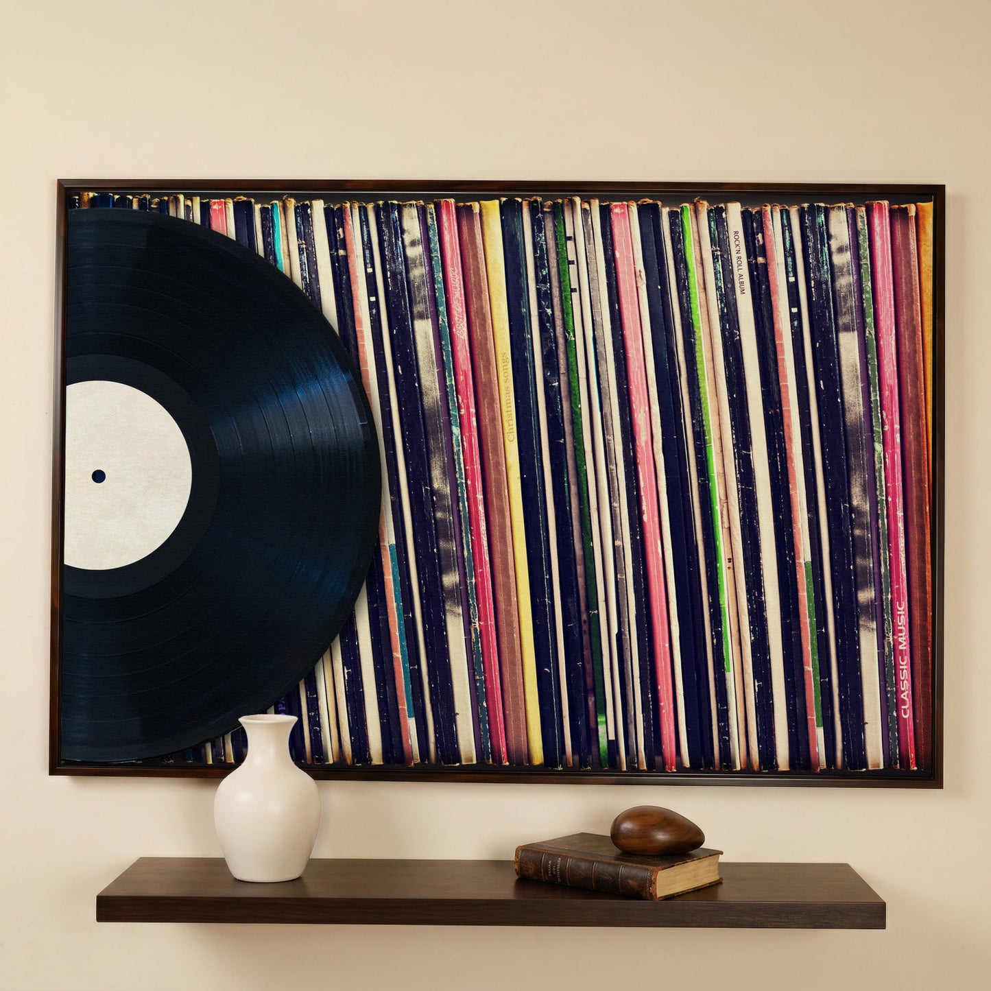 Vinyl Records Wall Art Canvas, Music Studio Decor in dark walnut floating frame