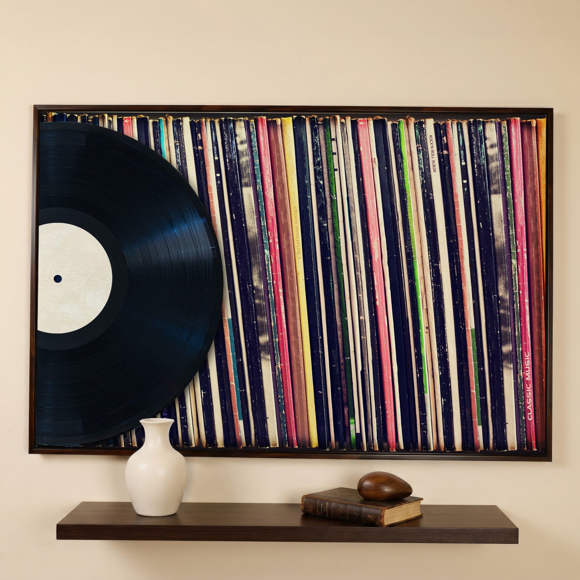 Vinyl Records Wall Art Canvas, Music Studio Decor in dark walnut floating frame