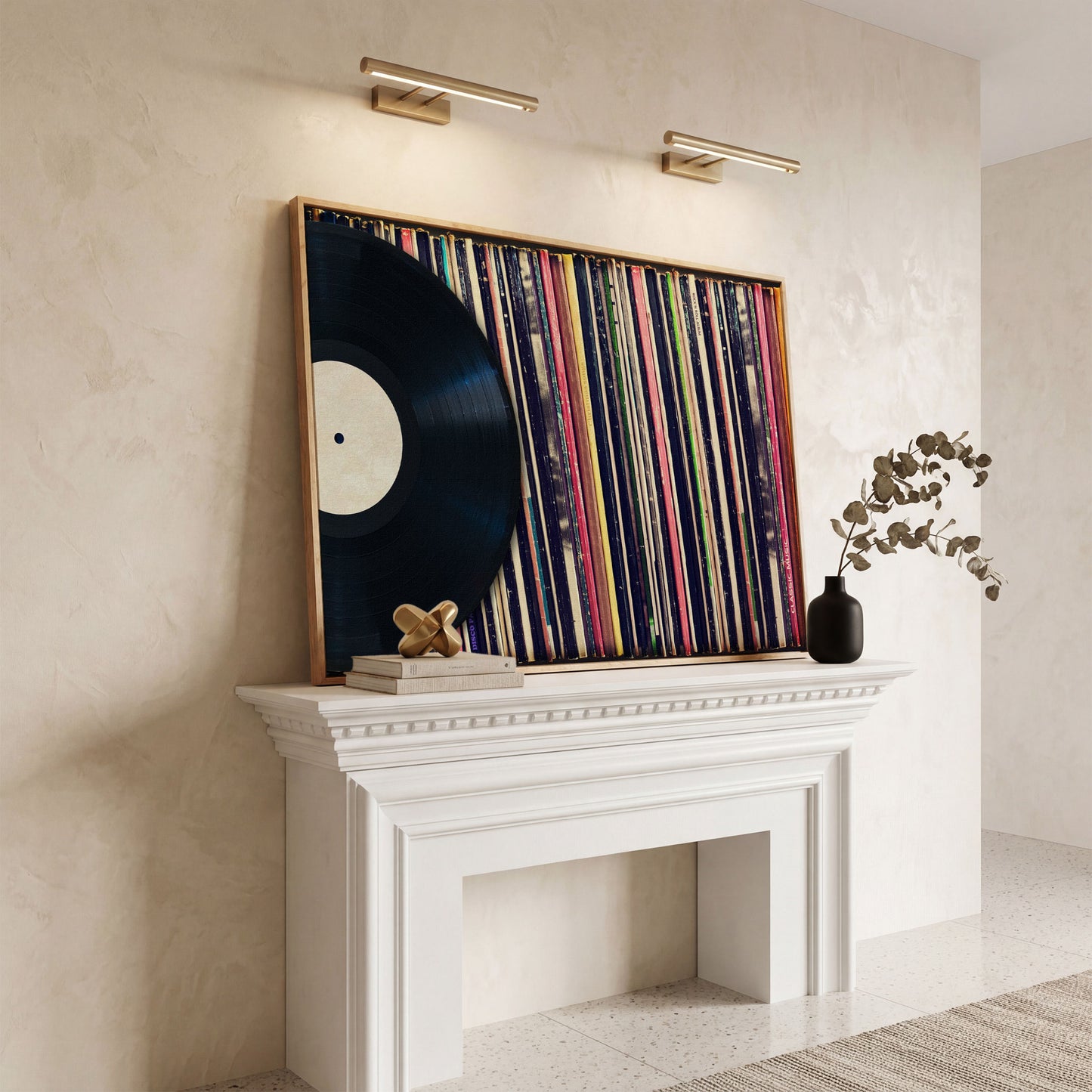 Vinyl Records Wall Art Canvas, Music Studio Decor in white oak floating frame