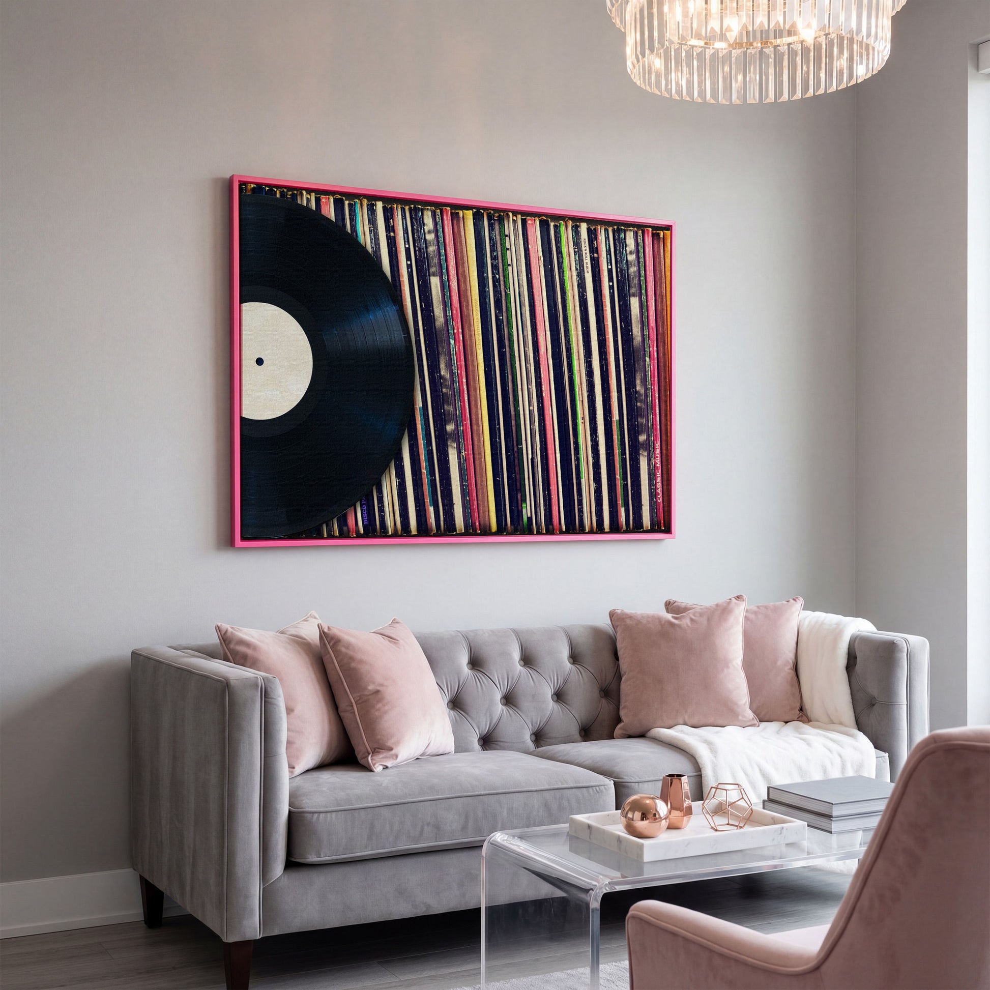 Vinyl Records Wall Art Canvas, Music Studio Decor in pink floating frame