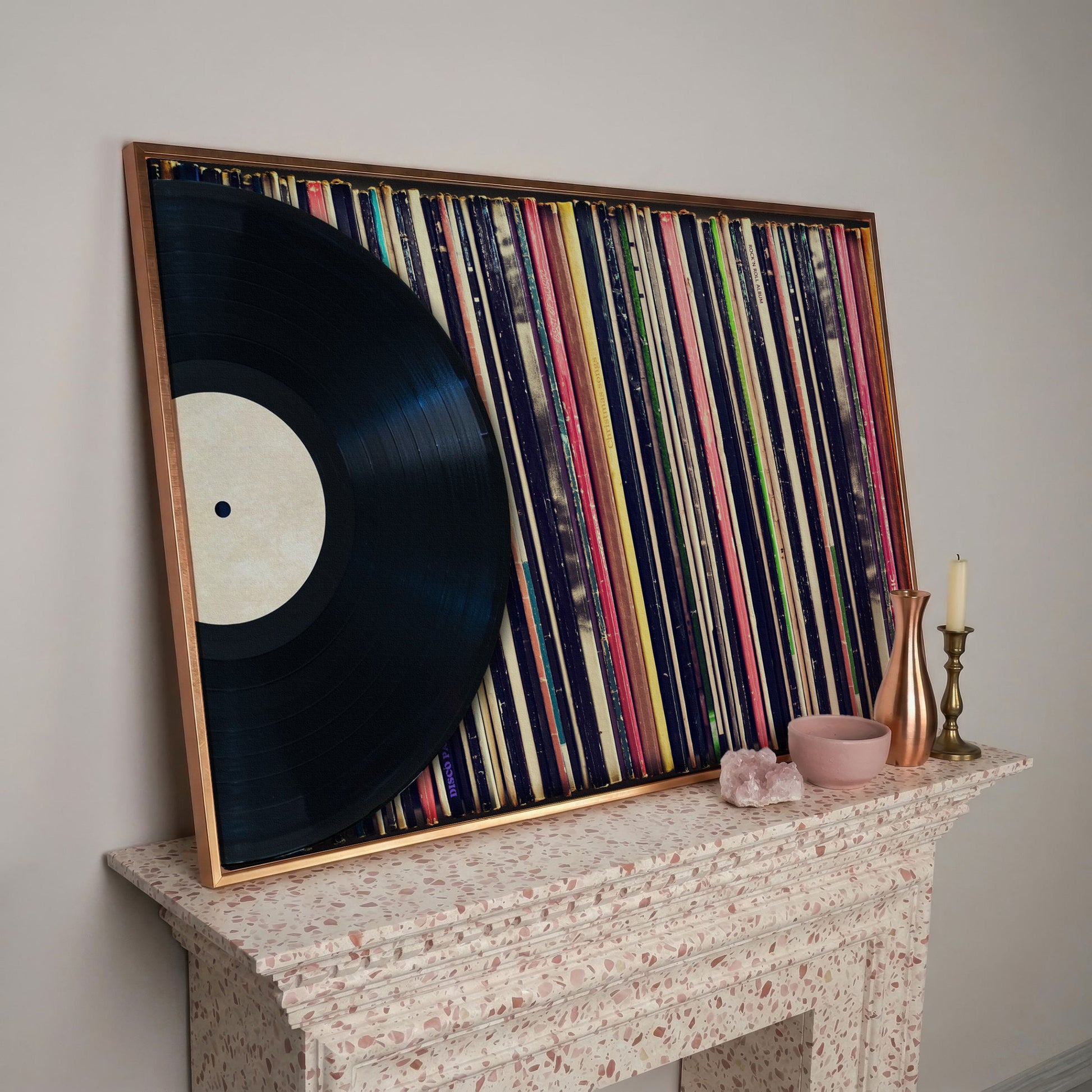 Vinyl Records Wall Art Canvas, Music Studio Decor in rose gold floating frame