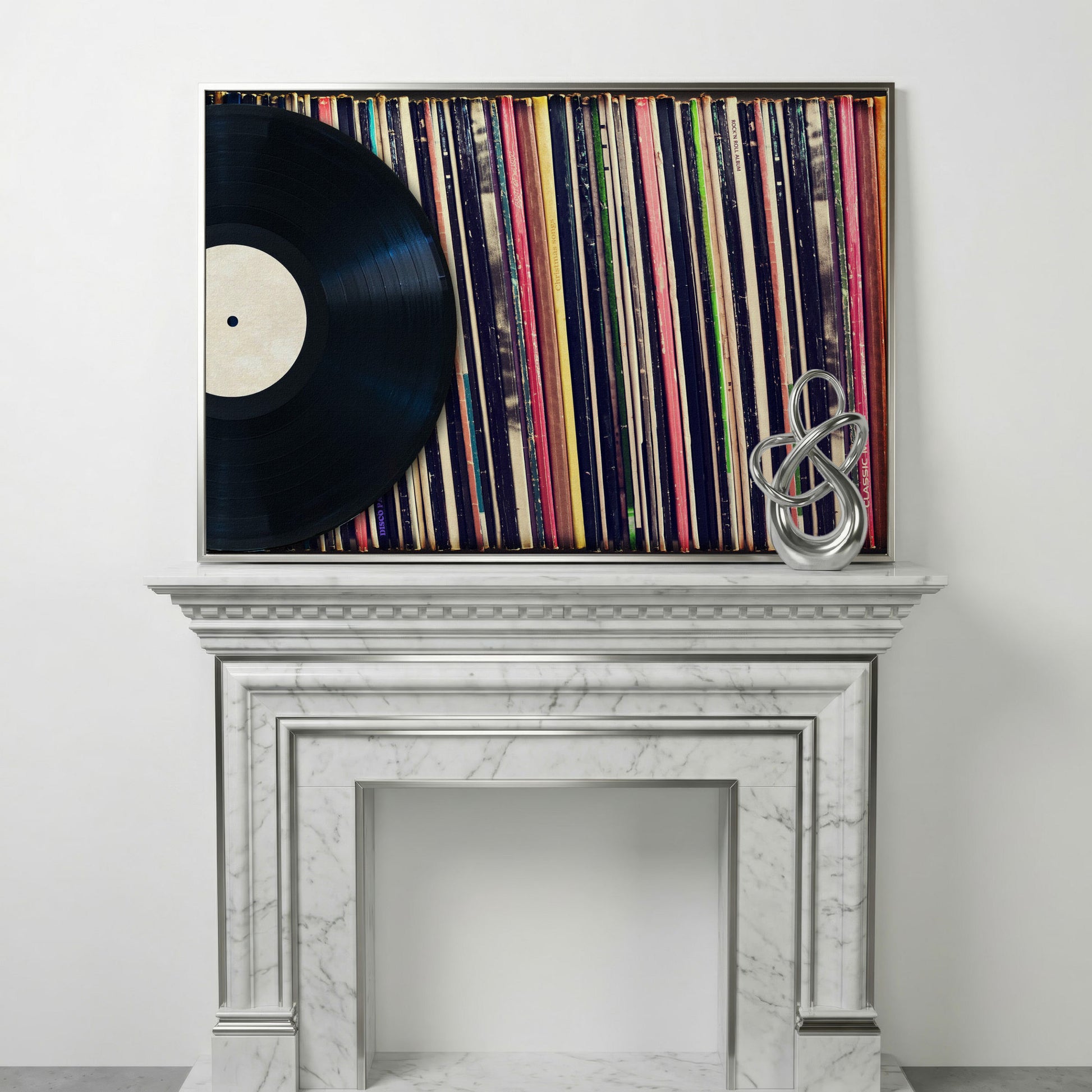 Vinyl Records Wall Art Canvas, Music Studio Decor in silver floating frame