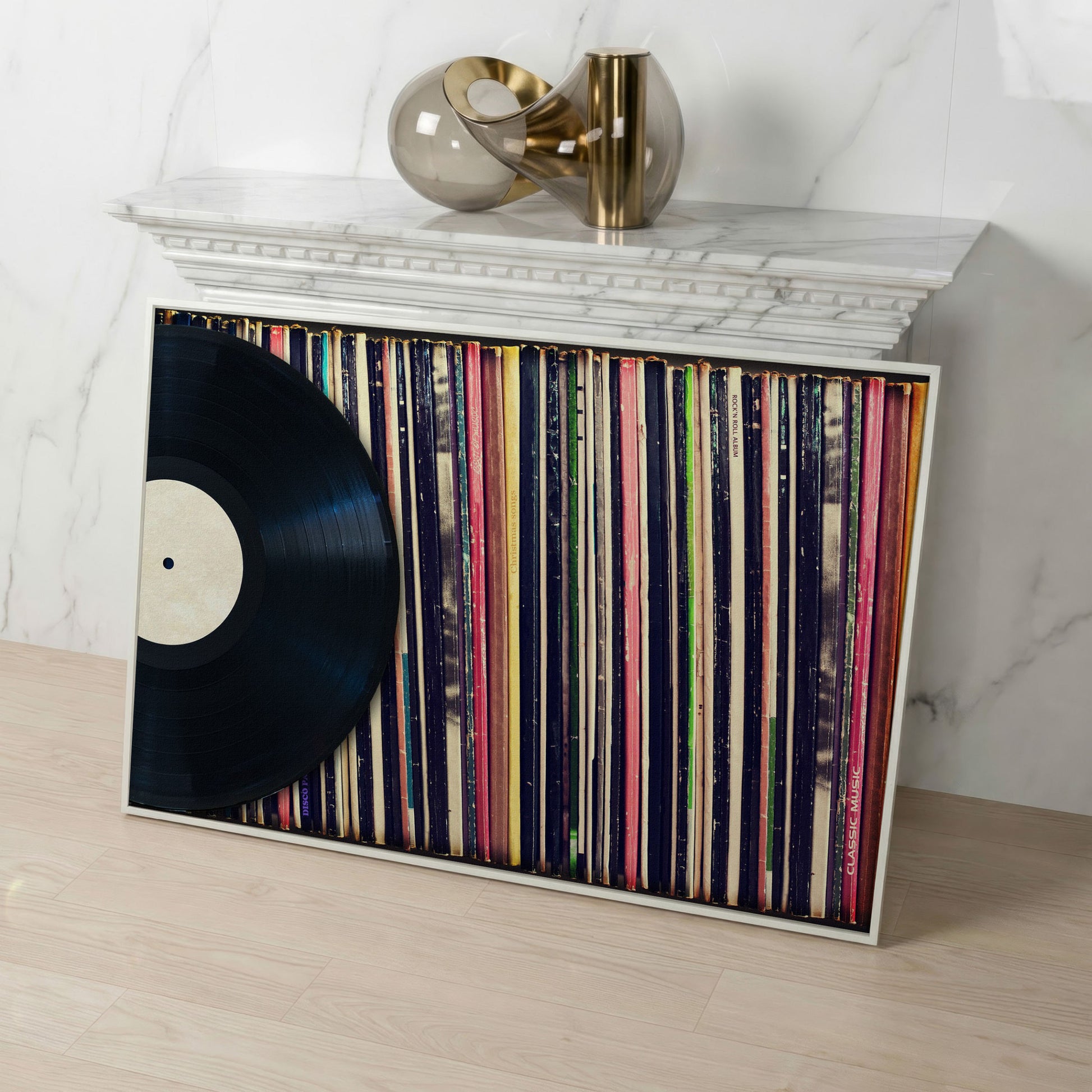 Vinyl Records Wall Art Canvas, Music Studio Decor in white floating frame