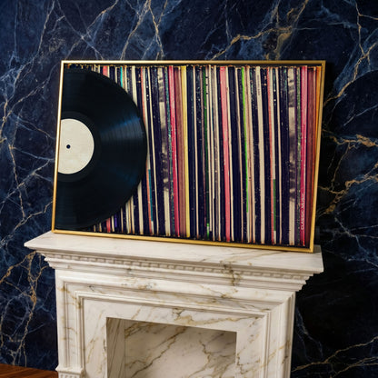 Vinyl Records Wall Art Canvas, Music Studio Decor in yellow gold floating frame