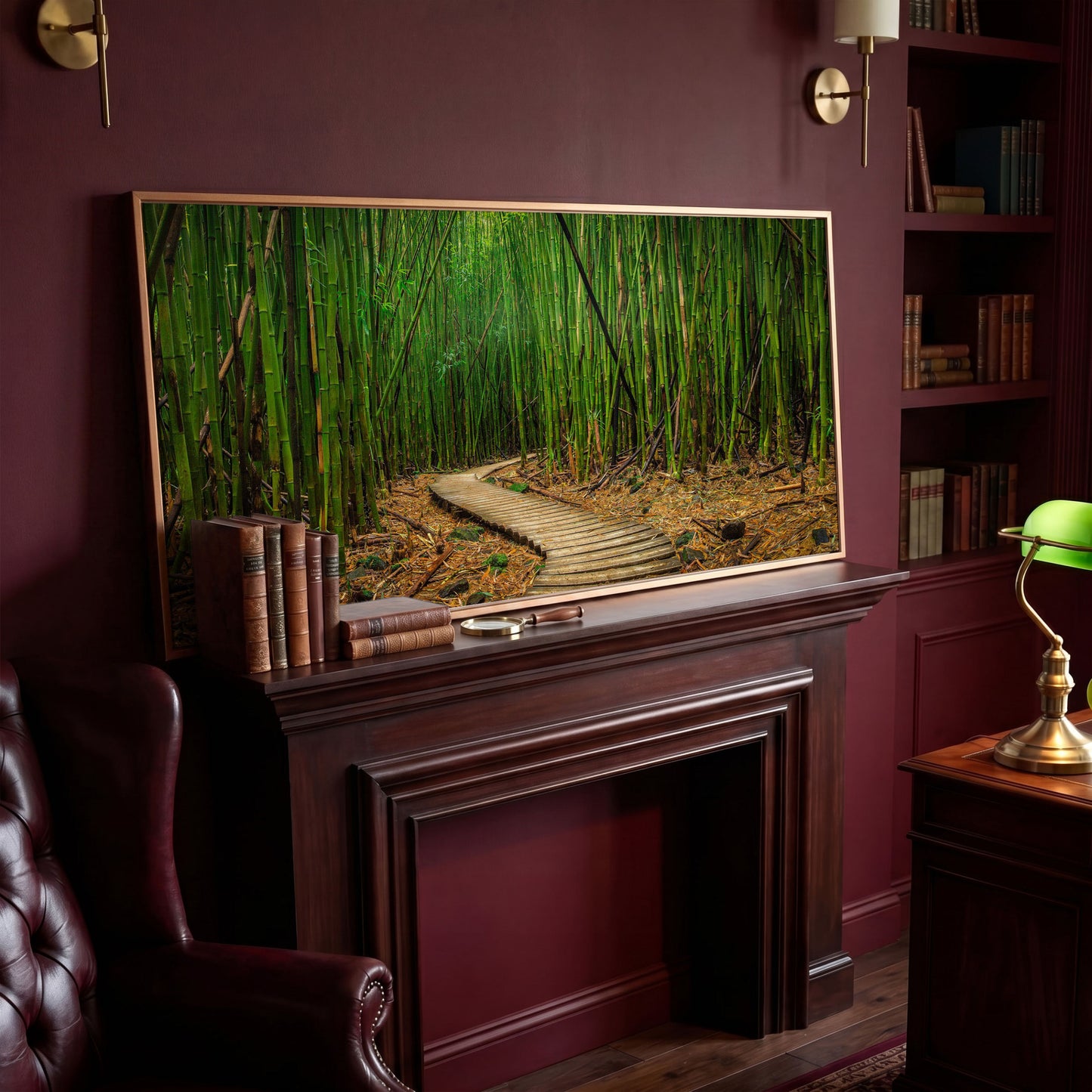 Bamboo Forest Pathway Canvas Wall Art, Zen Landscape in antique gold floating frame