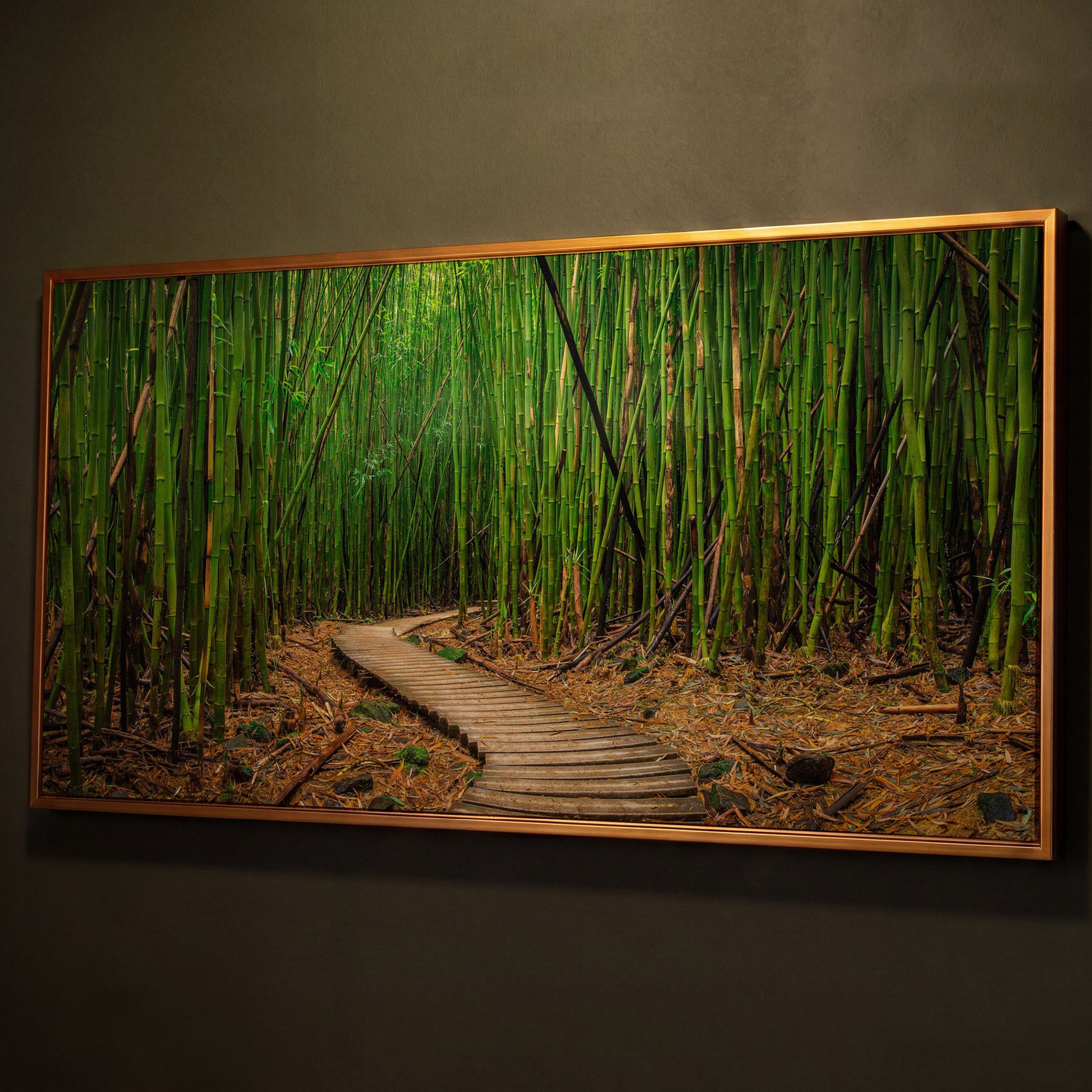 Bamboo Forest Pathway Canvas Wall Art, Zen Landscape shown in antique gold floating frame
