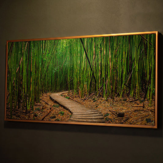 Bamboo Forest Pathway Canvas Wall Art, Zen Landscape shown in antique gold floating frame