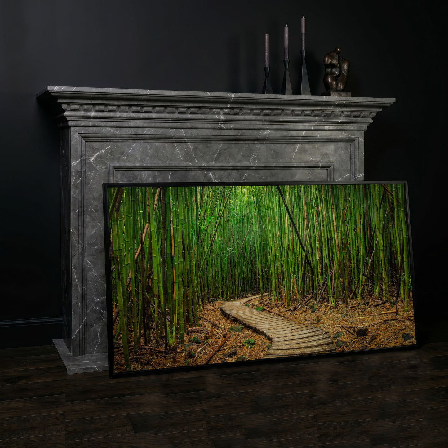 Bamboo Forest Pathway Canvas Wall Art, Zen Landscape in black floating frame