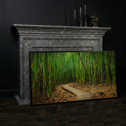 Bamboo Forest Pathway Canvas Wall Art, Zen Landscape in black floating frame