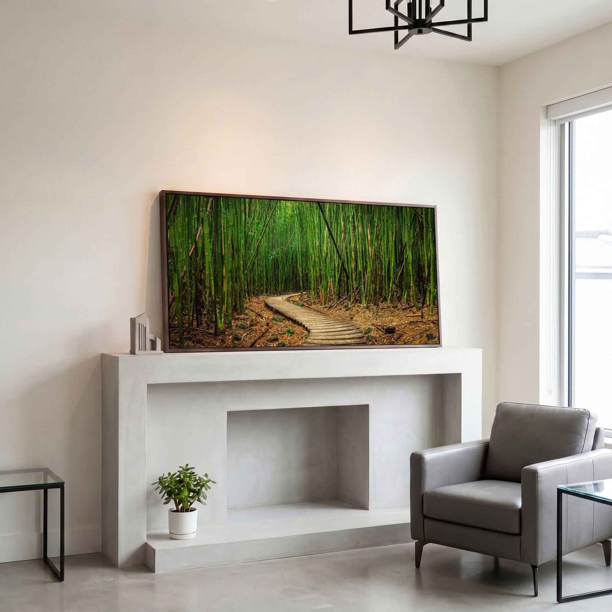 Bamboo Forest Pathway Canvas Wall Art, Zen Landscape in dark walnut floating frame