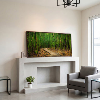 Bamboo Forest Pathway Canvas Wall Art, Zen Landscape in dark walnut floating frame