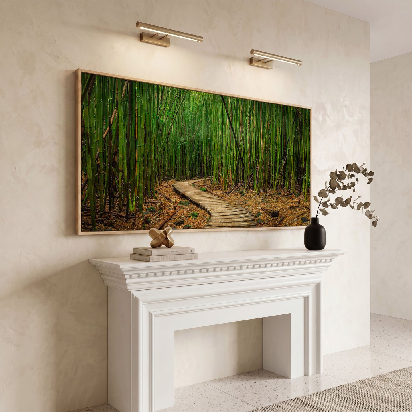 Bamboo Forest Pathway Canvas Wall Art, Zen Landscape in white oak floating frame