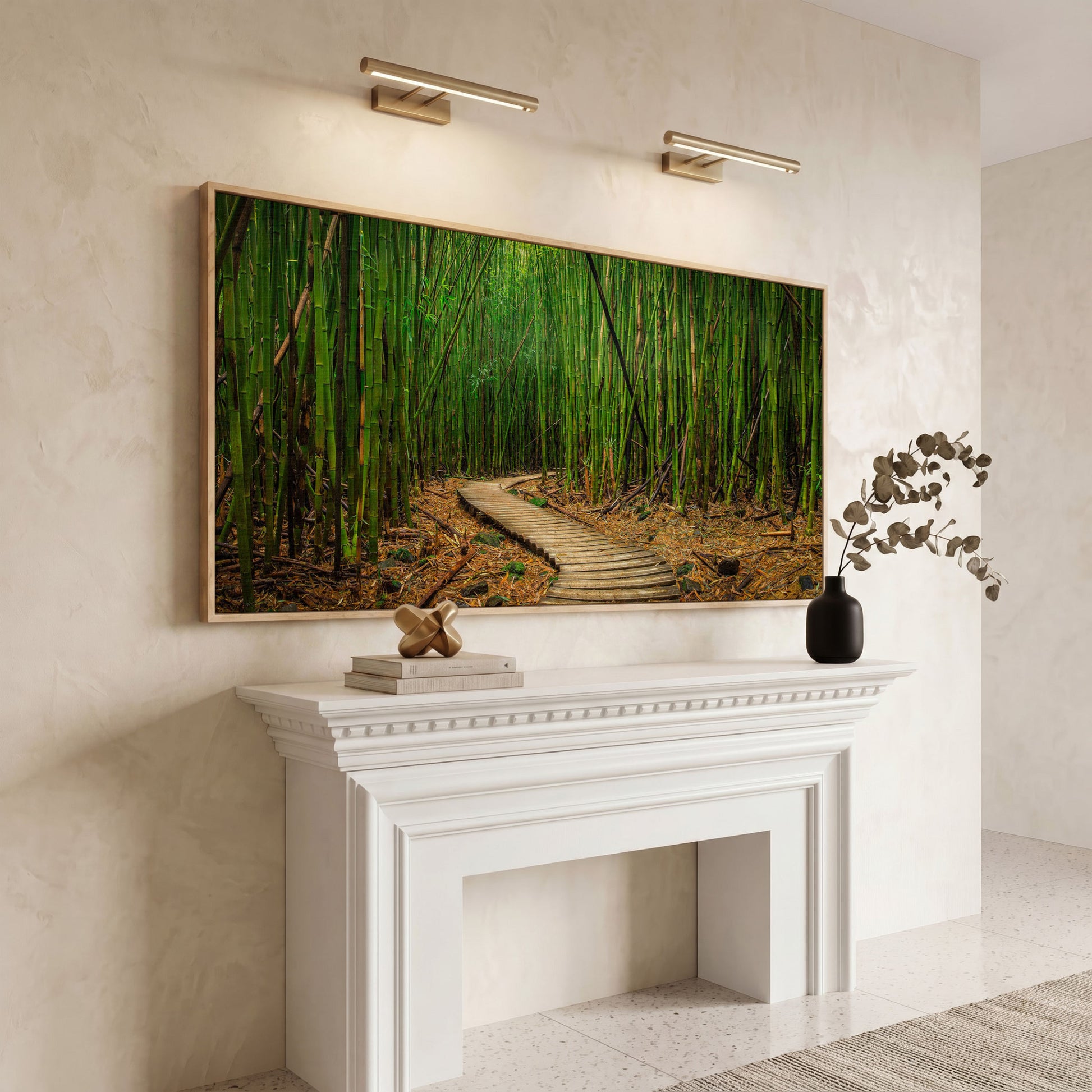 Bamboo Forest Pathway Canvas Wall Art, Zen Landscape in white oak floating frame