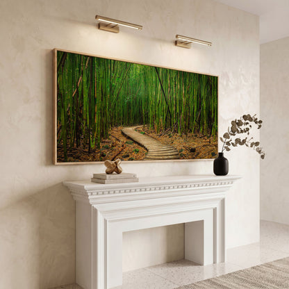 Bamboo Forest Pathway Canvas Wall Art, Zen Landscape in white oak floating frame