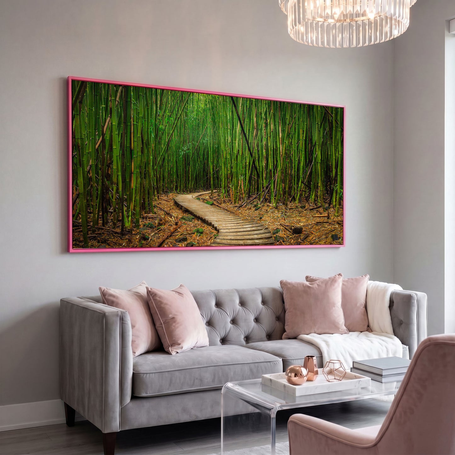 Bamboo Forest Pathway Canvas Wall Art, Zen Landscape in pink floating frame