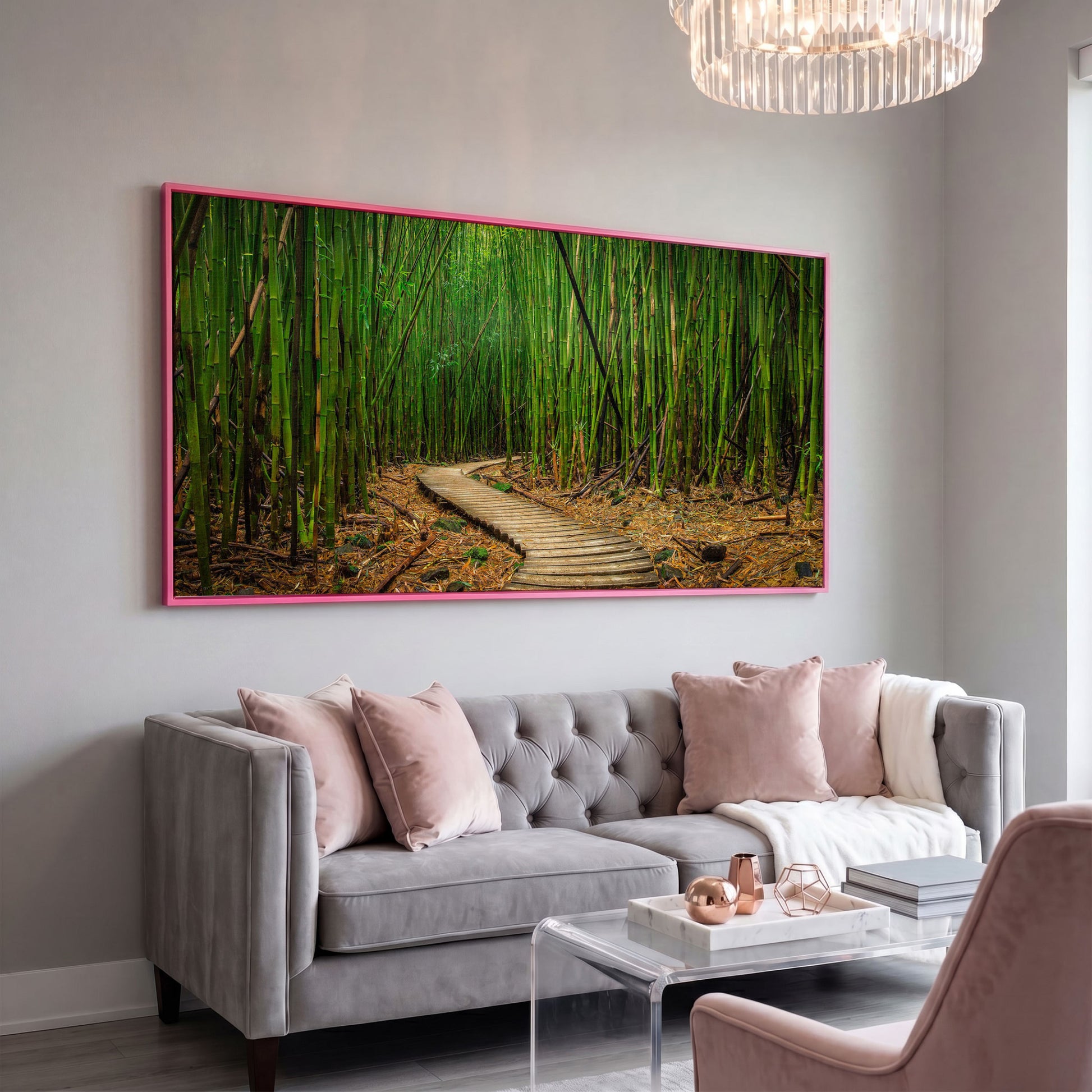 Bamboo Forest Pathway Canvas Wall Art, Zen Landscape in pink floating frame