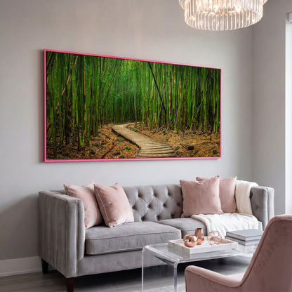 Bamboo Forest Pathway Canvas Wall Art, Zen Landscape in pink floating frame
