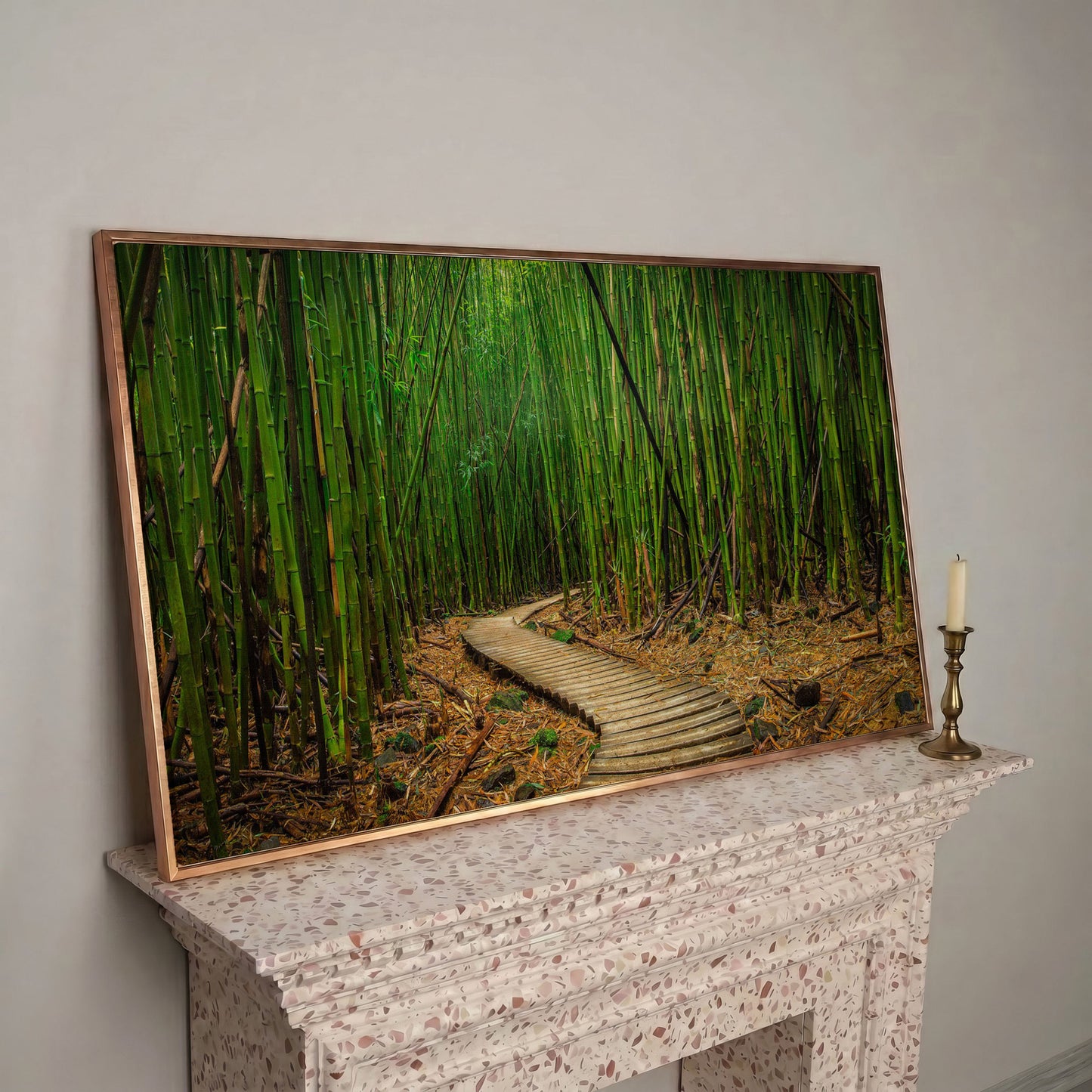 Bamboo Forest Pathway Canvas Wall Art, Zen Landscape in rose gold floating frame