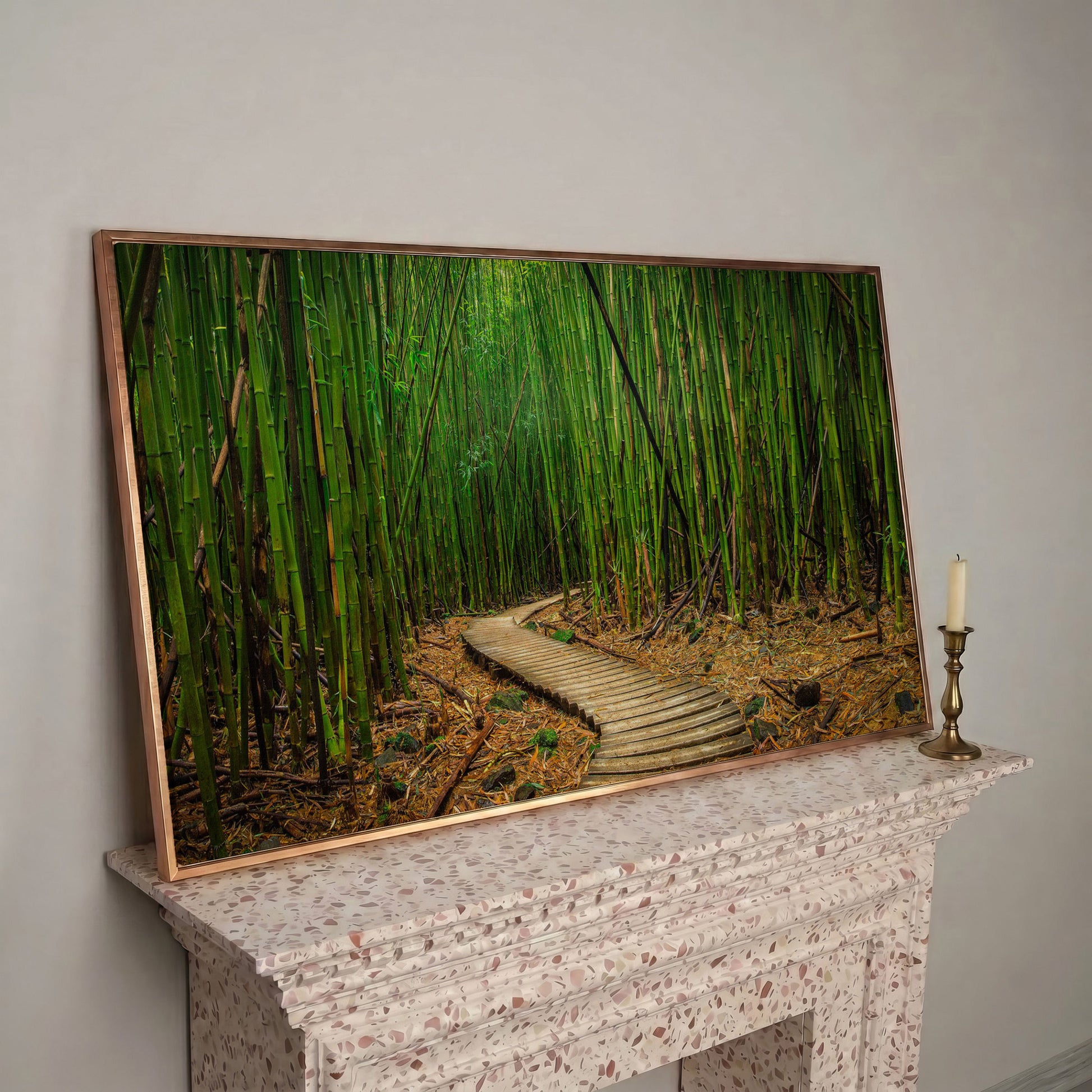 Bamboo Forest Pathway Canvas Wall Art, Zen Landscape in rose gold floating frame