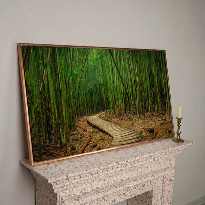 Bamboo Forest Pathway Canvas Wall Art, Zen Landscape in rose gold floating frame