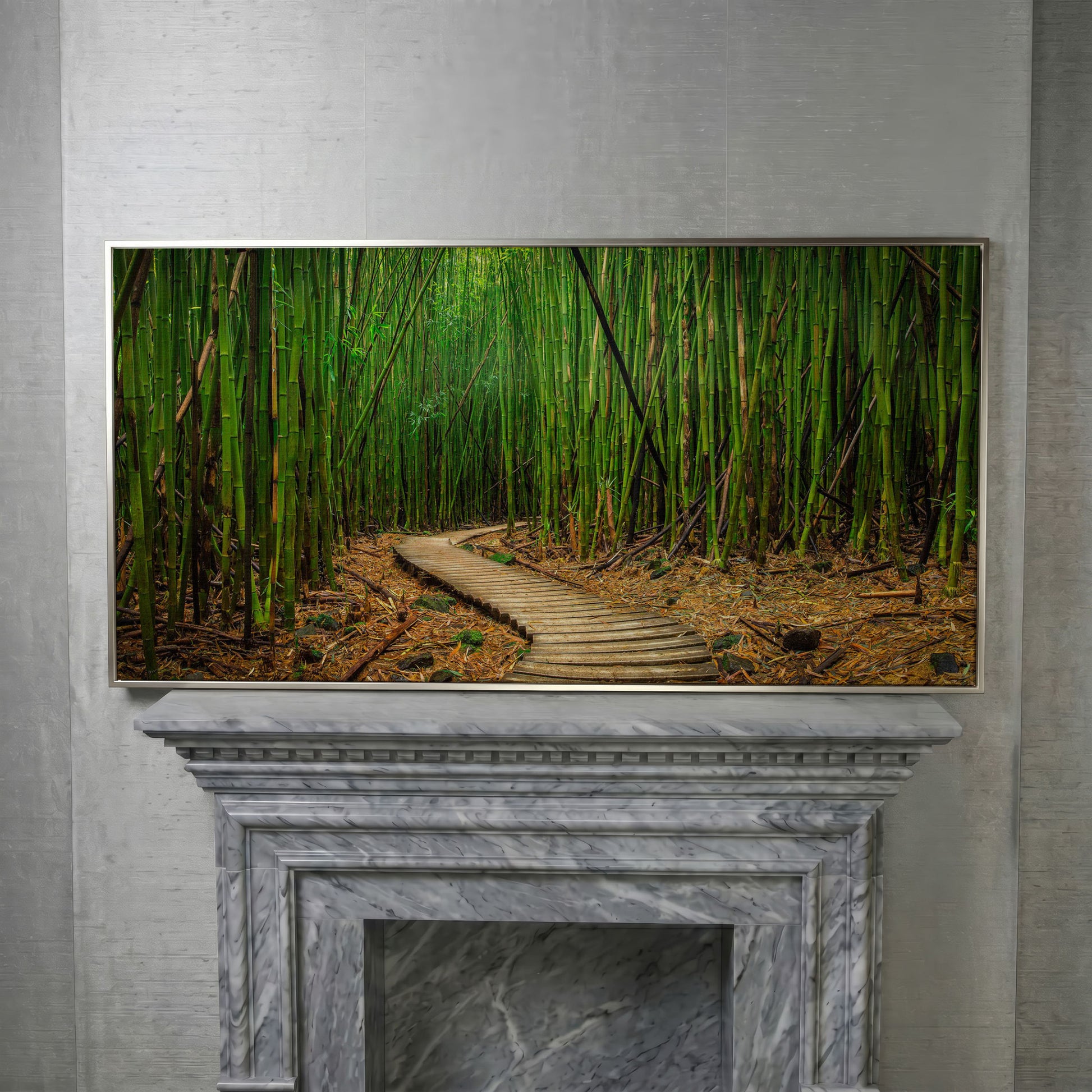 Bamboo Forest Pathway Canvas Wall Art, Zen Landscape in silver floating frame