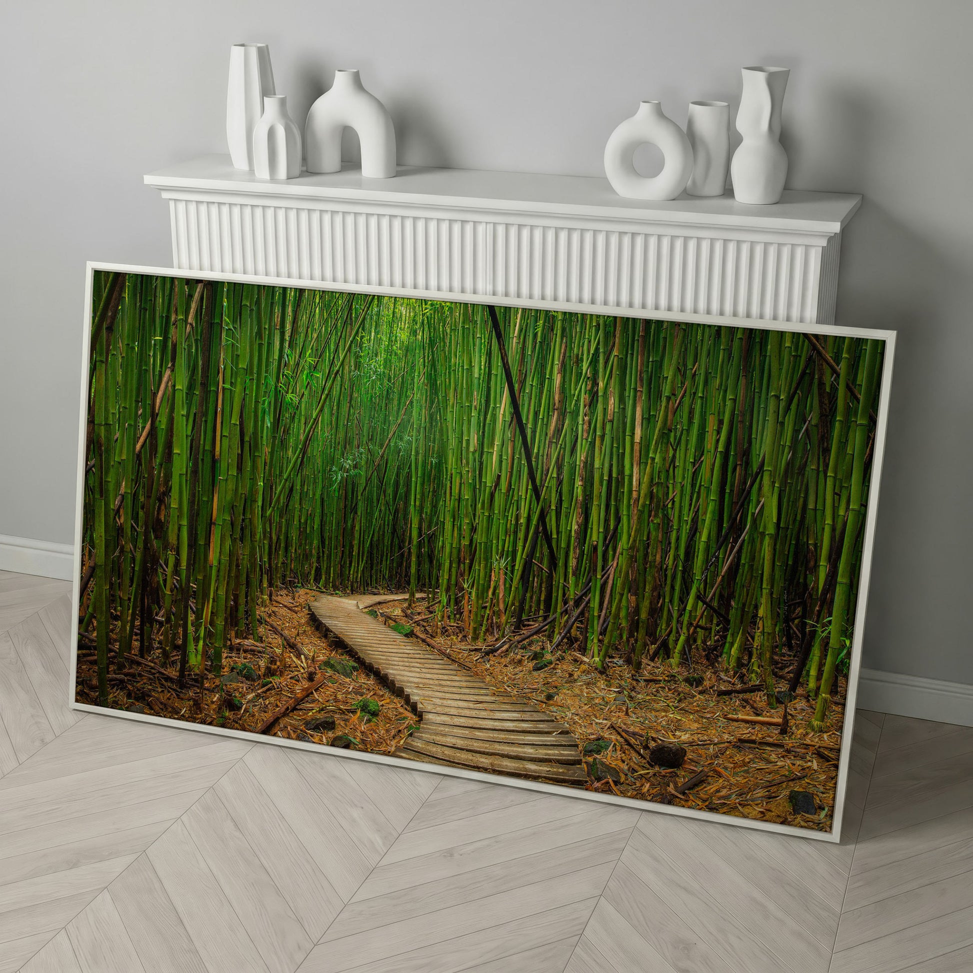 Bamboo Forest Pathway Canvas Wall Art, Zen Landscape in white floating frame