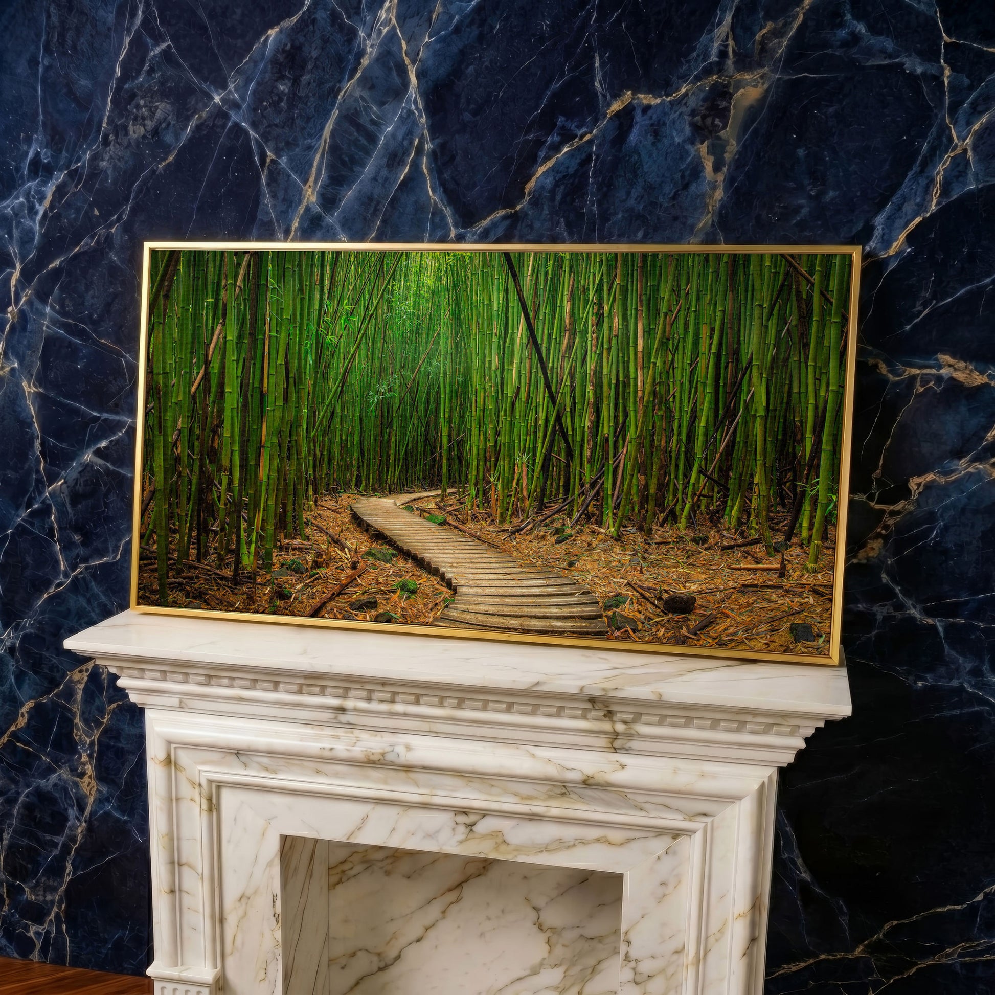 Bamboo Forest Pathway Canvas Wall Art, Zen Landscape in yellow gold floating frame