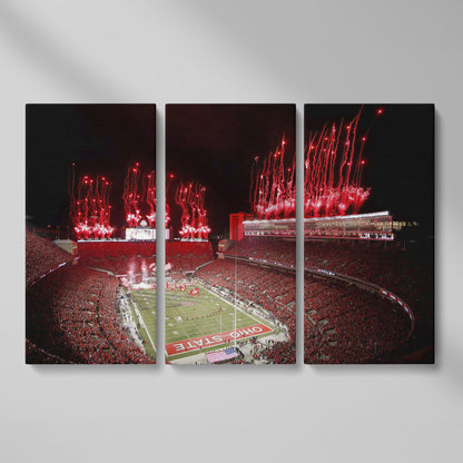 Ohio Stadium Fireworks Night Canvas Wall Art as 3-panel split version