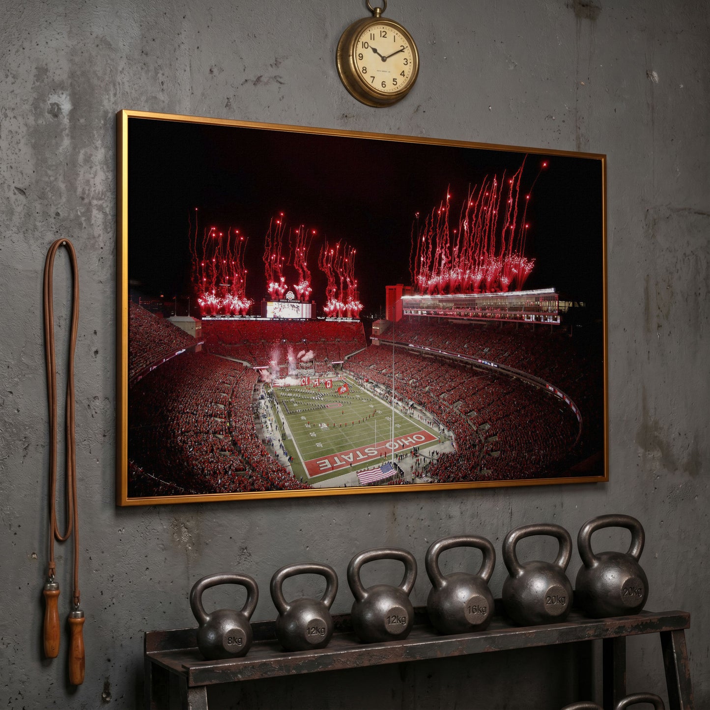 Ohio Stadium Fireworks Night Canvas Wall Art in antique gold floating frame