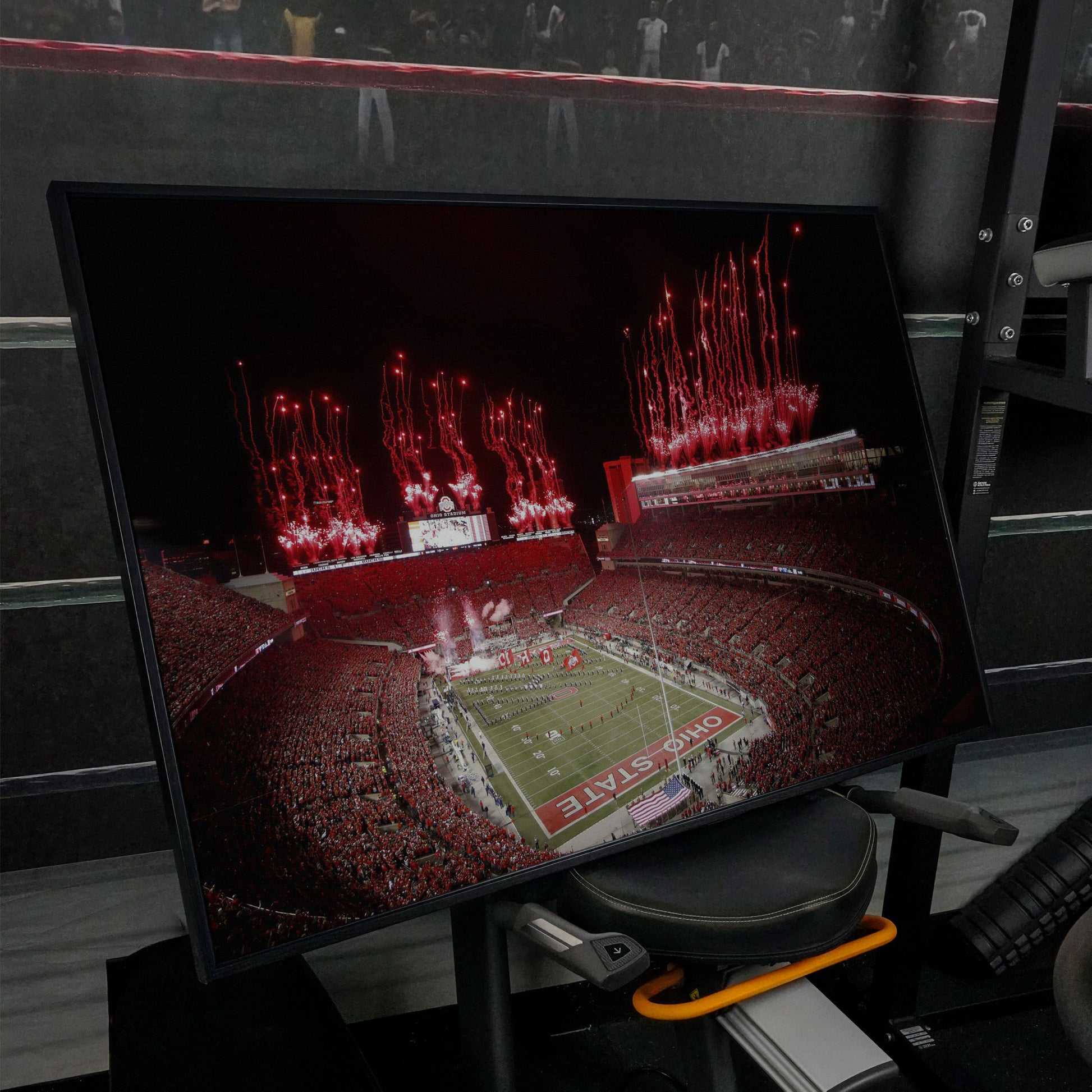 Ohio Stadium Fireworks Night Canvas Wall Art in black floating frame