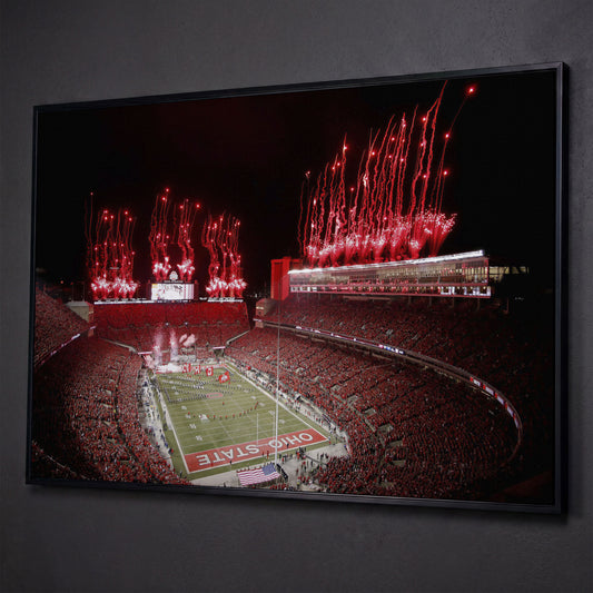 Ohio Stadium Fireworks Night Canvas Wall Art shown in black floating frame
