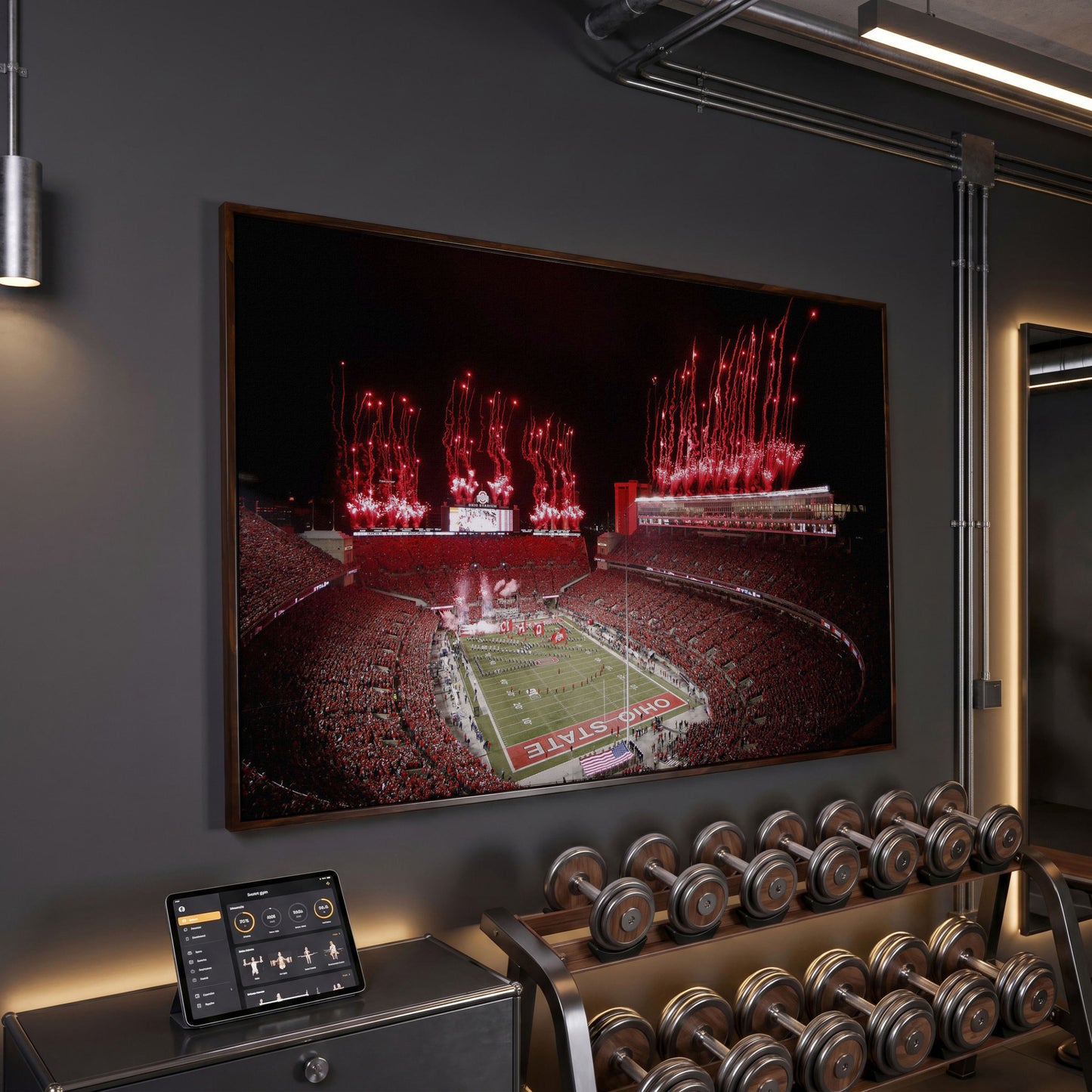 Ohio Stadium Fireworks Night Canvas Wall Art in dark walnut floating frame