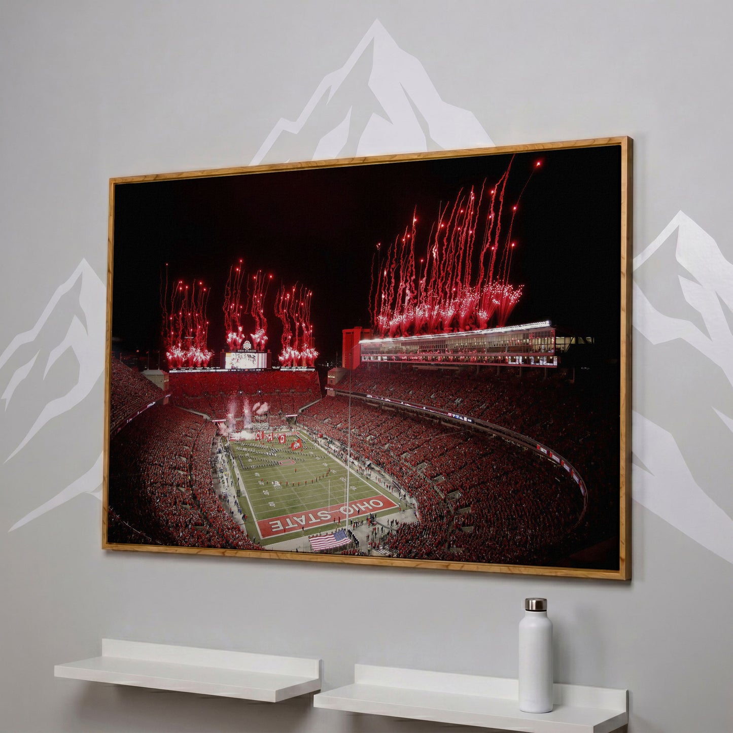 Ohio Stadium Fireworks Night Canvas Wall Art in white oak floating frame
