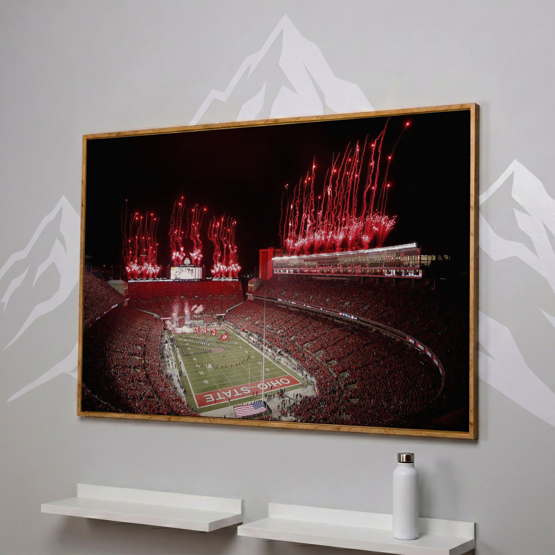 Ohio Stadium Fireworks Night Canvas Wall Art in white oak floating frame
