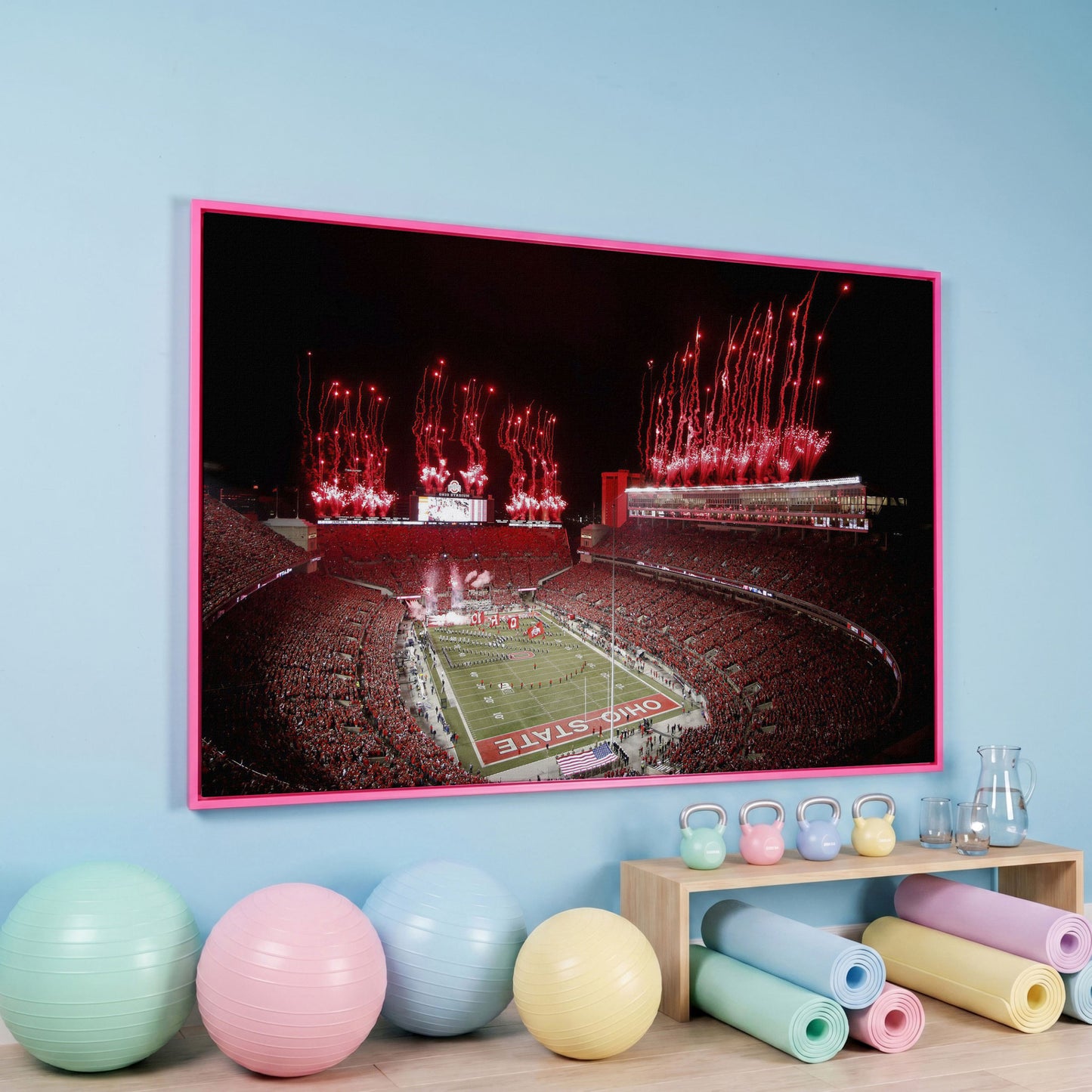Ohio Stadium Fireworks Night Canvas Wall Art in pink floating frame