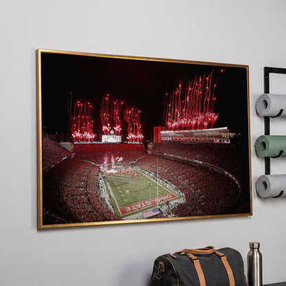 Ohio Stadium Fireworks Night Canvas Wall Art in rose gold floating frame