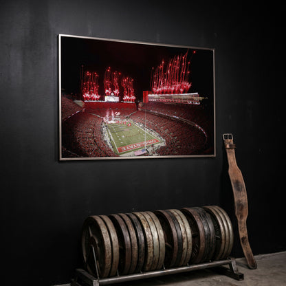 Ohio Stadium Fireworks Night Canvas Wall Art in silver floating frame